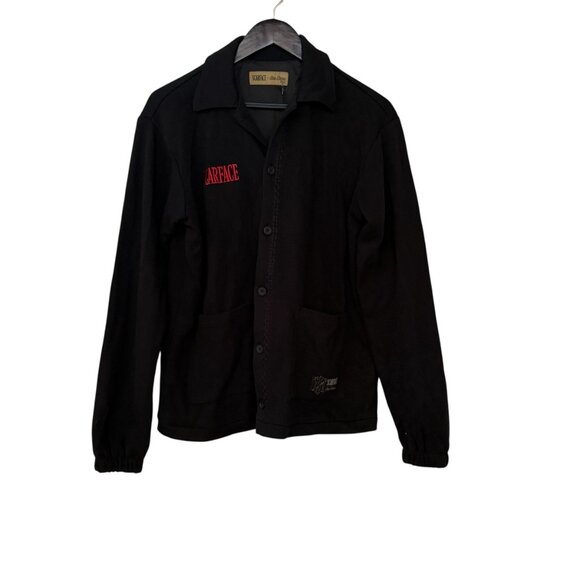 Scarface Embroidered Design Red Rose Button Up Corduroy Black Jacket Size Small - Picture 3 of 9